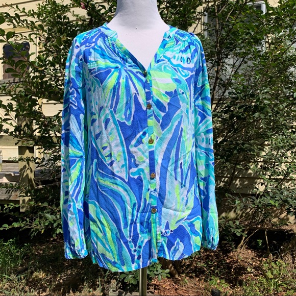 SMALL Lilly Pulitzer Blue Beckon Palm Passage Tropical Elsa Button Down Top XXS - Picture 2 of 13